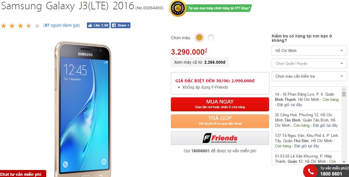 Galaxy J3 LTE màn hình 5 inch, khung kim loại mạnh mẽ giảm giá