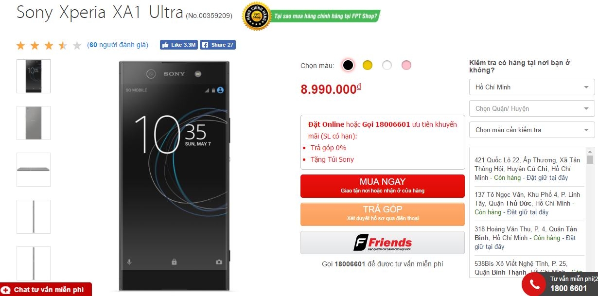 Hàng NÓNG Xperia XA1 Ultra màn hình 6 inch, RAM 4GB, camera 16/23 MP chính thức lên kệ FPT Shop