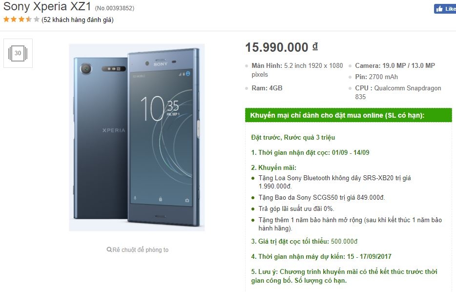 Xperia XZ1 chip Snapdragon 835, chạy Android 8.0 cho đặt hàng trước tại FPT Shop, nhận quà 3 triệu!