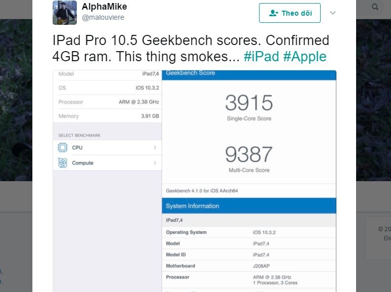 iPad Pro 10.5 có RAM 4GB, điểm hiệu năng