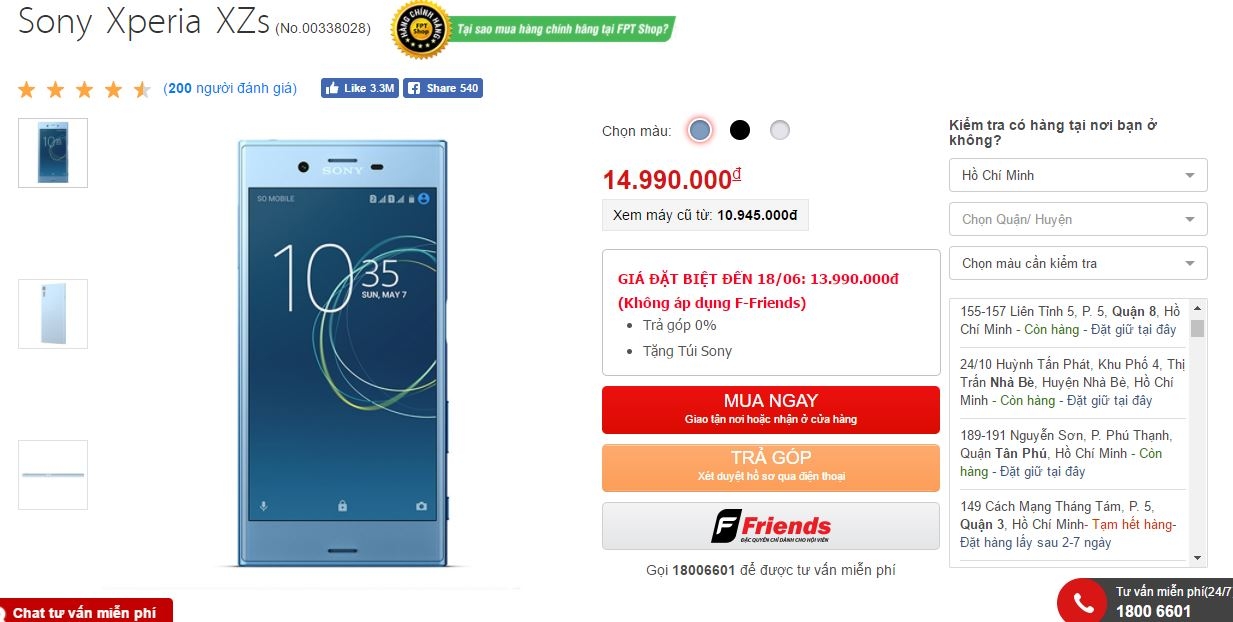 Siêu phẩm Xperia XZs giảm giá sốc: RAM 4GB, camera quay video siêu chậm 960fps, hỗ trợ chống nước