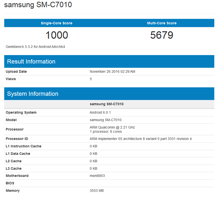 Galaxy C7 Pro lộ cấu hình sức mạnh trên Geekbench Galaxy C7 Pro lộ cấu hình sức mạnh trên Geekbench