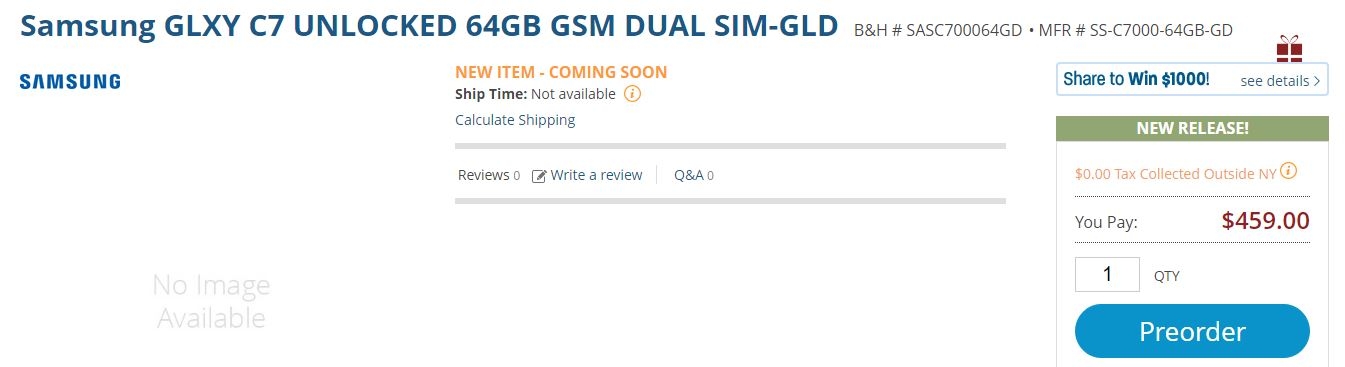 Galaxy C7 RAM 4GB, camera 8/16MP bắt đầu lên kệ tại Mỹ