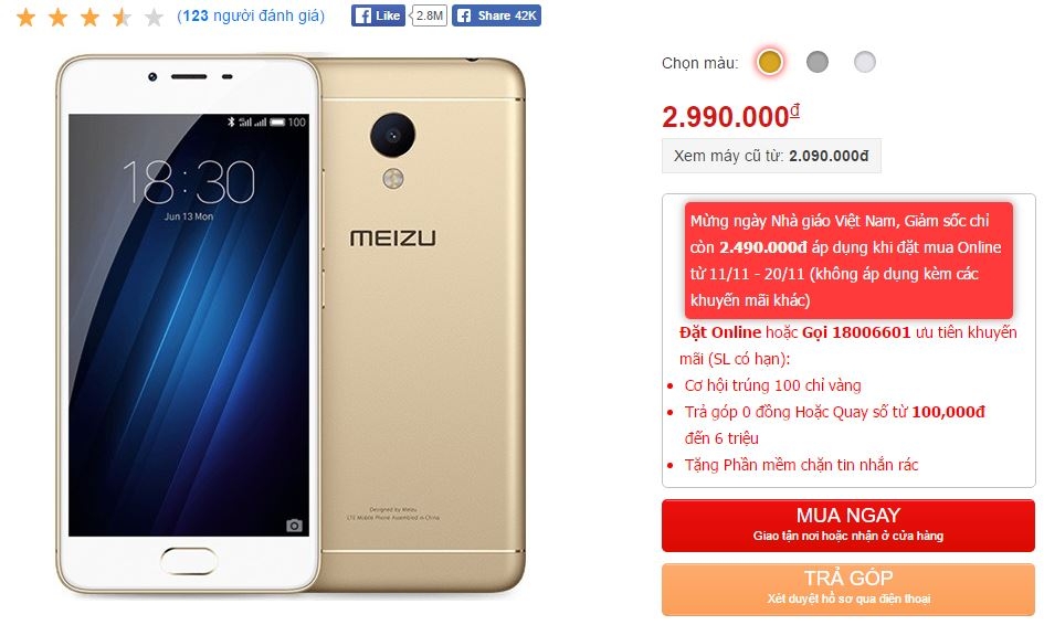 Mừng ngày Nhà giáo Việt Nam, Meizu M3S được giảm giá mạnh