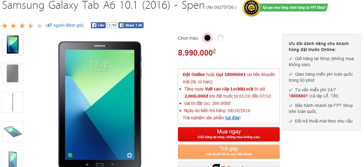 Đặt mua Galaxy Tab A6 Spen nhận ngay quà 2 triệu đồng