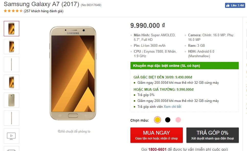 Galaxy A7 2017 thiết kế đẹp, camera 16/16MP, hỗ trợ chống nước IP68, pin khủng giảm giá