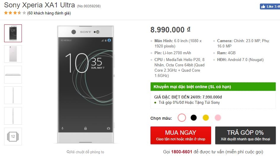 Xperia XA1 Ultra màn hình 6 inch, camera 16/23MP, RAM 4GB hạ giá cực sốc