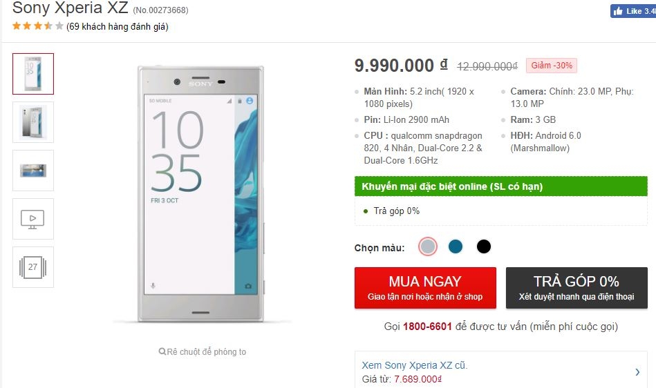 Xperia XZ camera 13/23 MP, chip Snapdragon 820, chống nước IP68 hạ giá kịch sàn