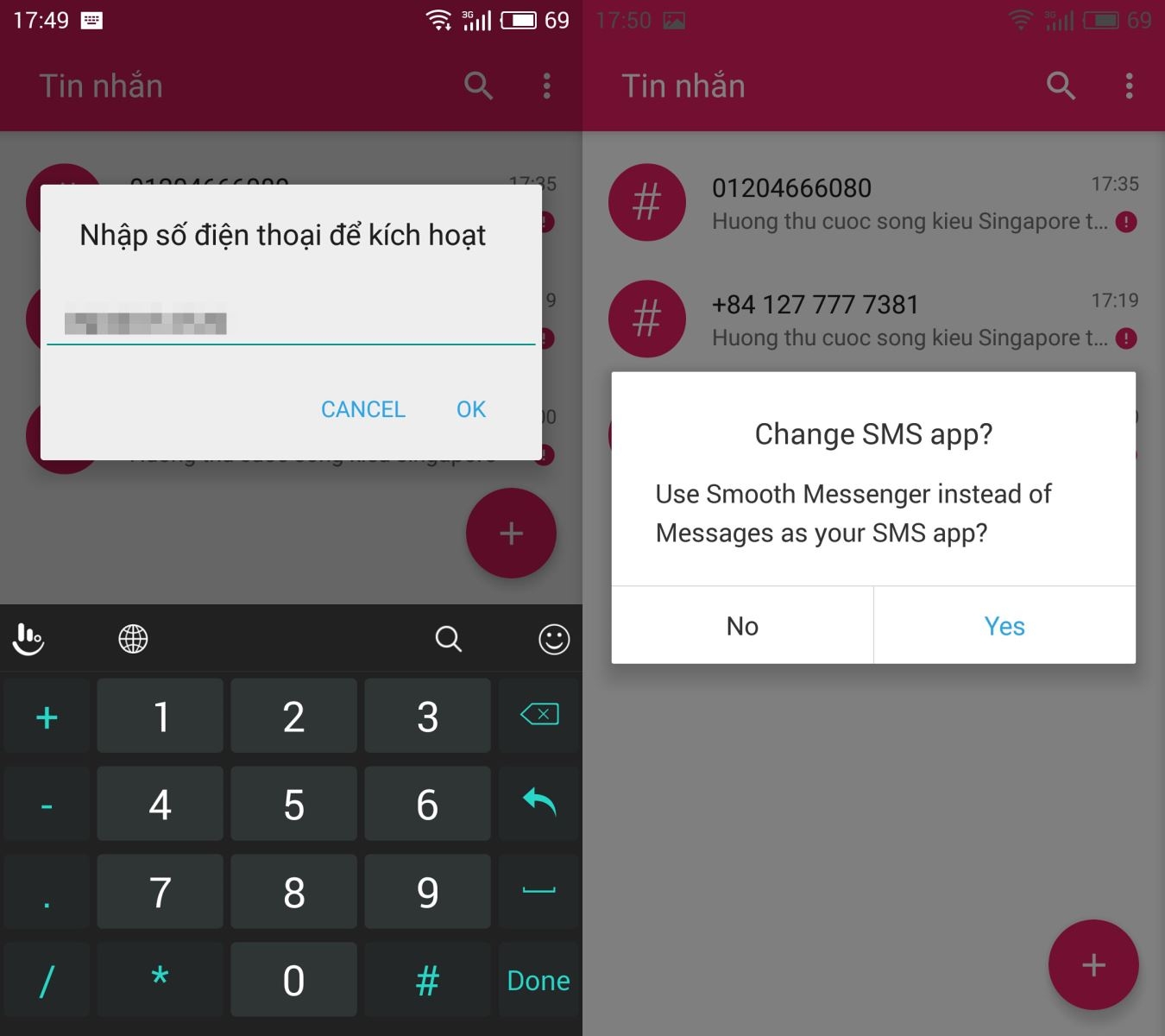 Cài đặt số điện thoại trong Smooth Messenger