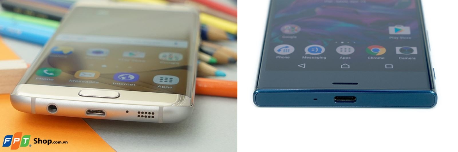 Cạnh dưới của Galaxy S7 Edge và Xperia XZ Cạnh dưới của Galaxy S7 Edge và Xperia XZ