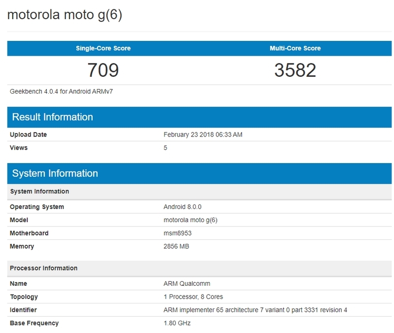 Moto G6 xuất hiện trên GeekBench