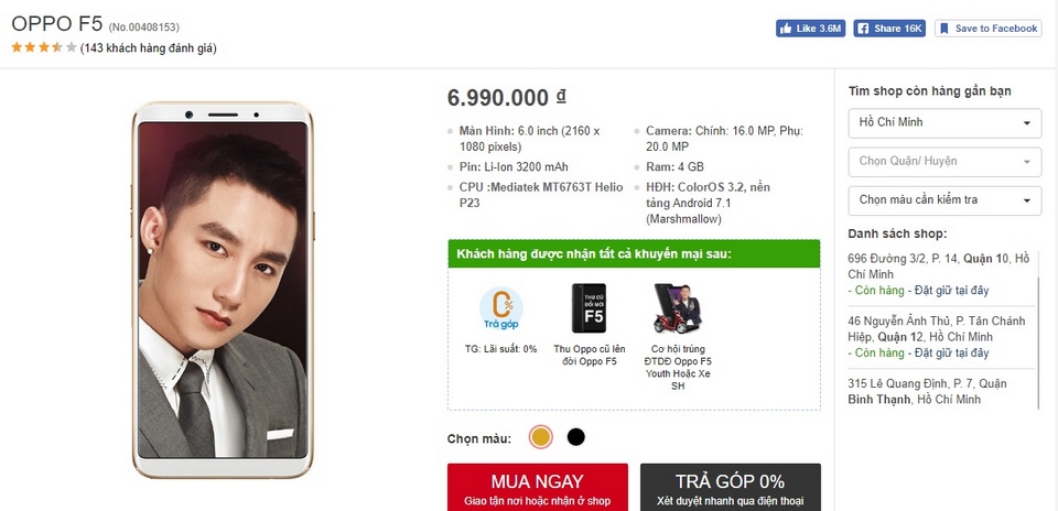 Khuyến mãi khi mua OPPO F5