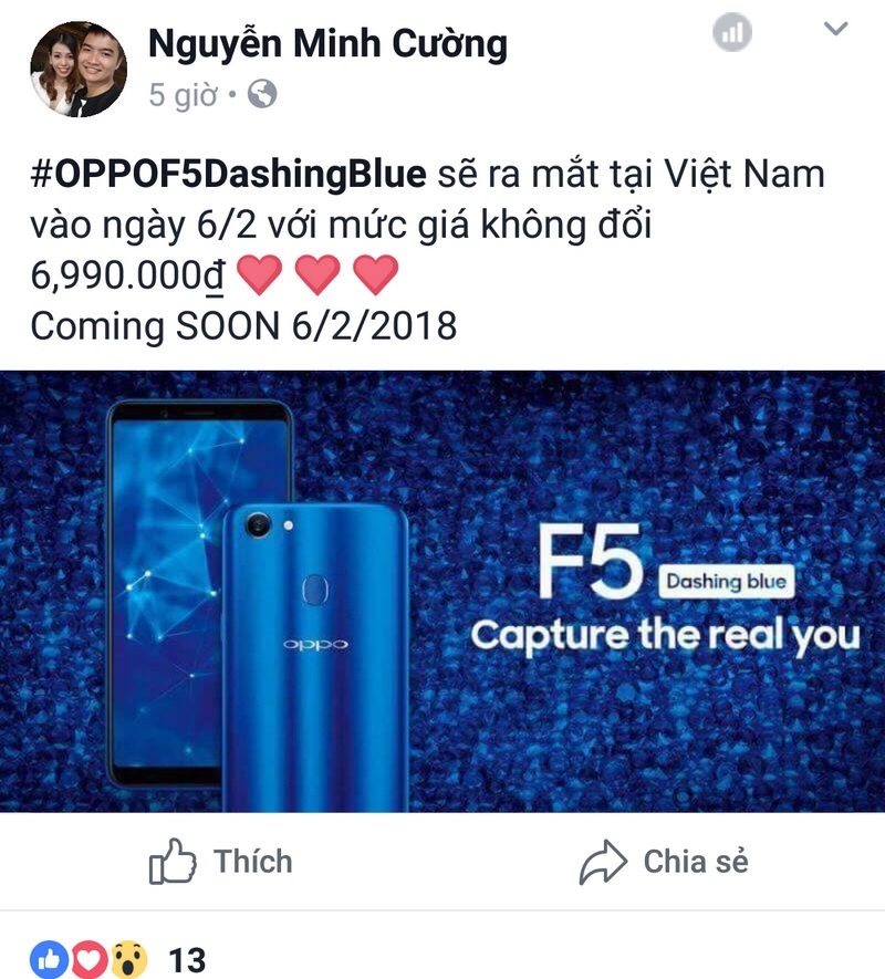 Ngày ra mắt và giá bán của OPPO F5 Dashing Blue được tiết lộ Ngày ra mắt và giá bán của OPPO F5 Dashing Blue được tiết lộ