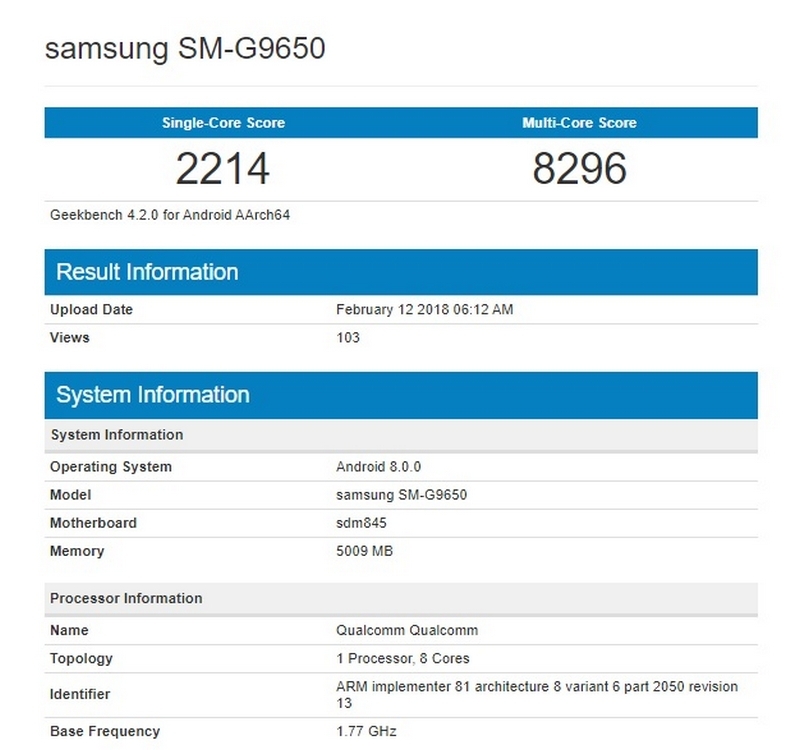 Galaxy S9+ mang mã model SM-G9650 lộ điểm hiệu năng Galaxy S9+ mang mã model SM-G9650 lộ điểm hiệu năng