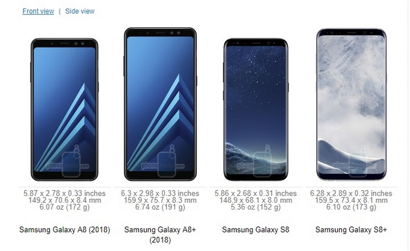 So sánh kích thước A8 (2018)/A8 + (2018) với bộ đôi Galaxy S8 và S8 Plus