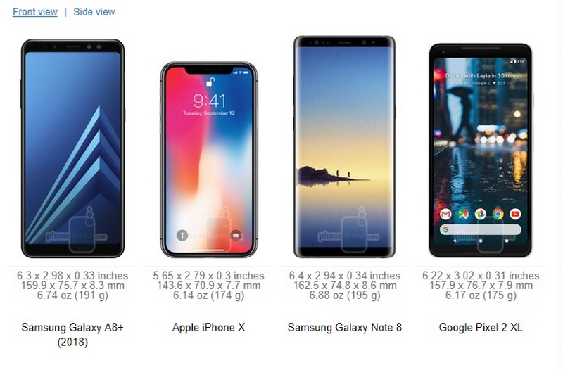 So sánh Galaxy A8+ (2018) với Galaxy Note 8, iPhone X và Google Pixel 2 XL