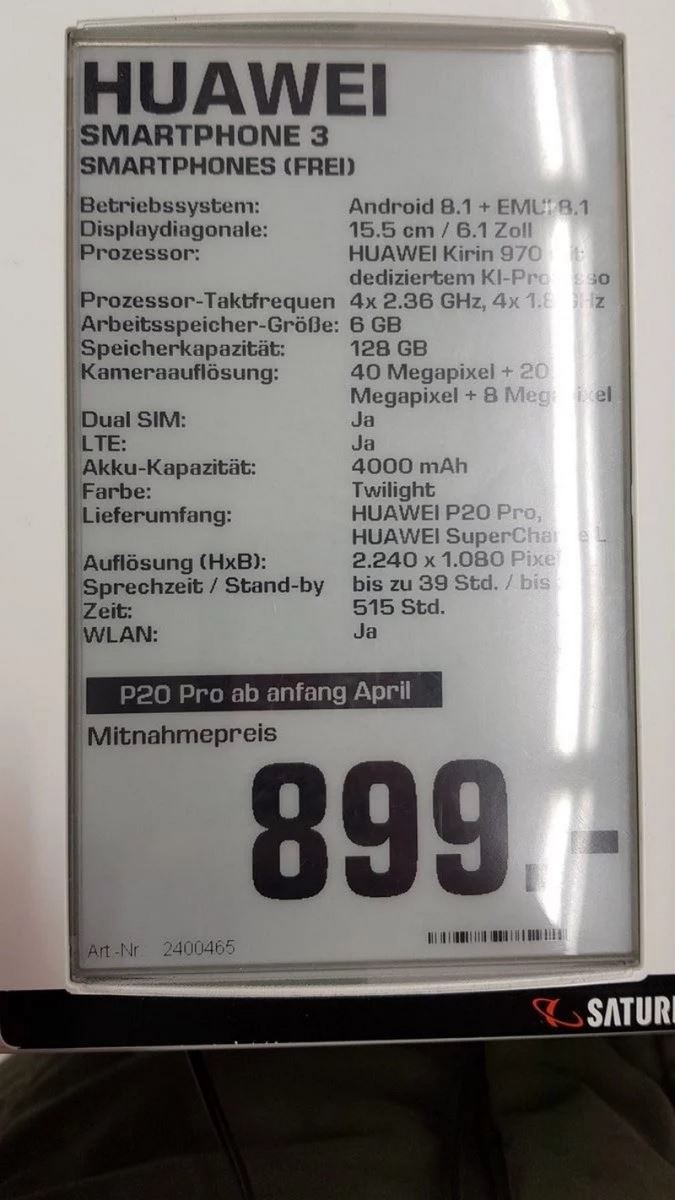 Thông số cấu hình Huawei được tiết lộ bởi nhà bán lẻ của Đức