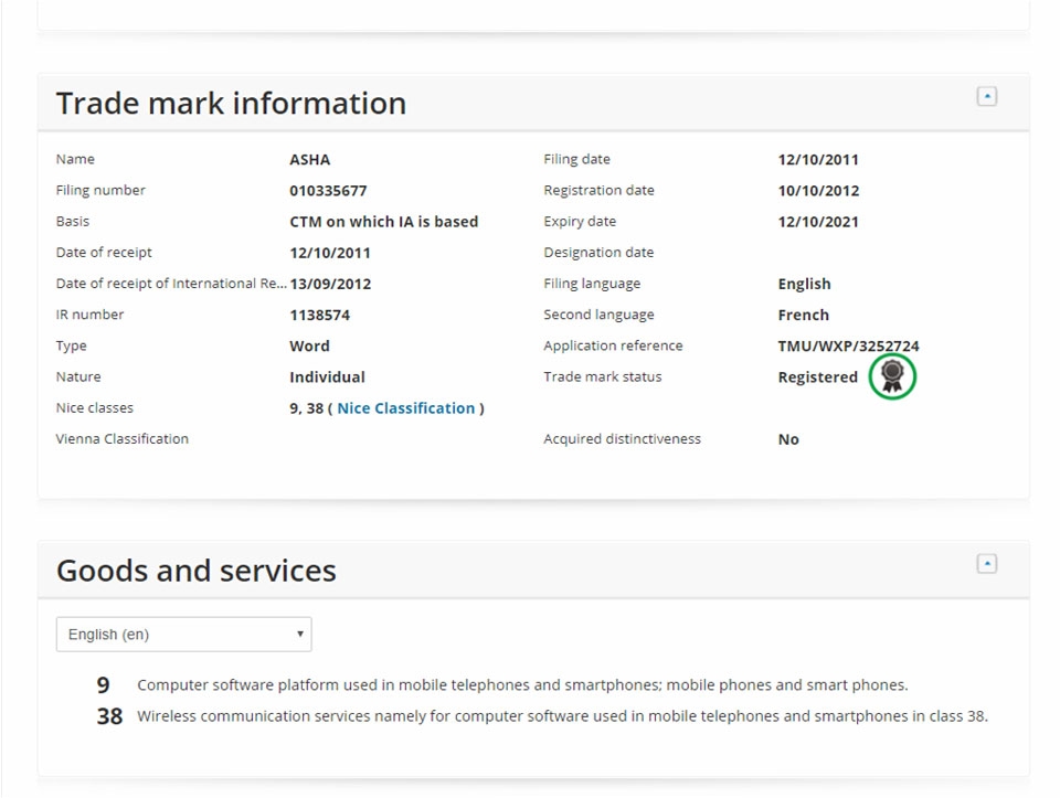 Thông tin về việc HMD Global sở hữu bản quyền thương hiệu Asha.
