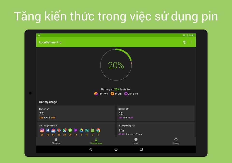 Những lưu ý khi mua điện thoại Android cũ Dùng phần mềm AccuBattery để kiểm tra tình trạng pin.