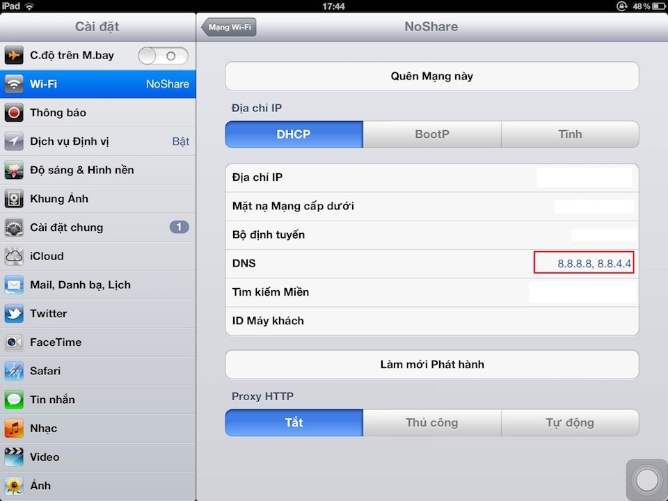 Đổi DNS trên iOS thành DNS của Google.