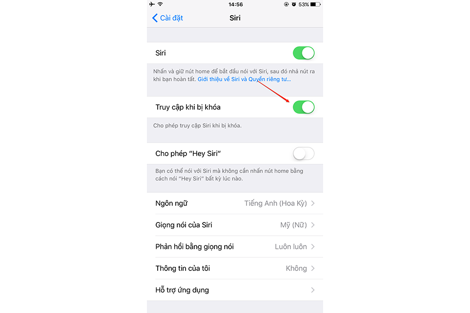 Tắt đi tuỳ chỉnh Truy cập khi bị khoá của trợ lý ảo Siri.