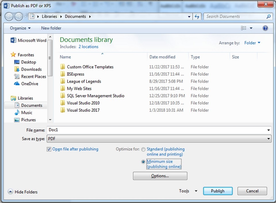 Chọn Minimum size để giảm dung lượng file PDF.