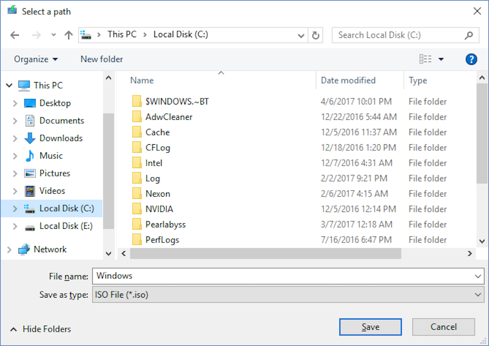 Chọn nơi lưu file ISO và nhấn Save