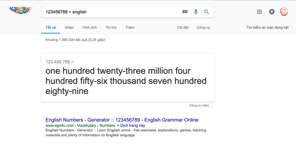 Tính năng đọc số bằng tiếng Anh