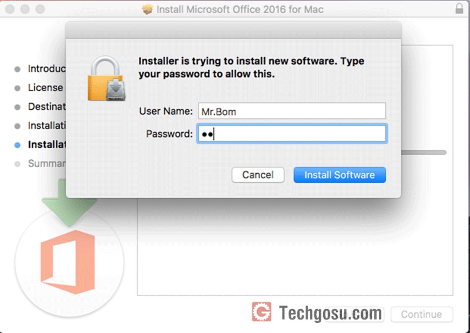 Nhập mật khẩu và nhấn Install Software