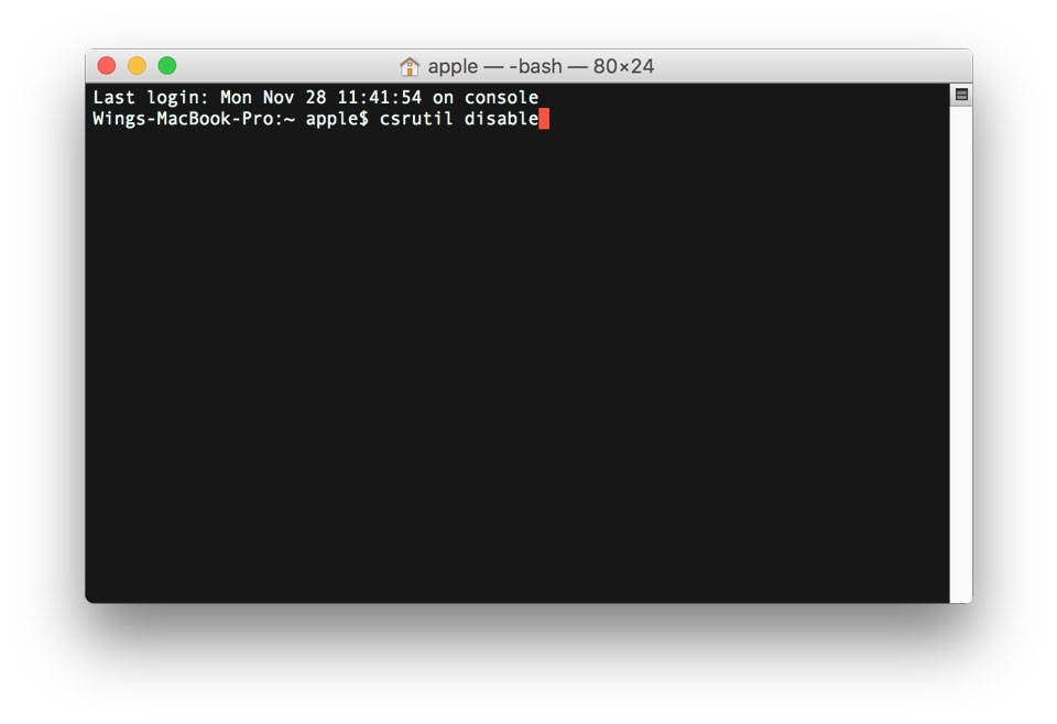 Nhập dòng lệnh “csrutil disable” trong Terminal