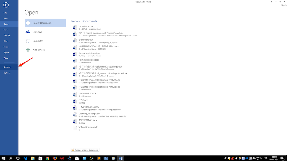 Hướng dẫn kích hoạt Windows và Office bản quyền Chọn đến phần Account.