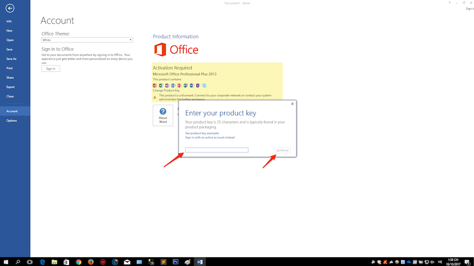 Hướng dẫn kích hoạt Windows và Office bản quyền Tiến hành nhập mã bản quyền và nhấn nút Continue khi hoàn tất.