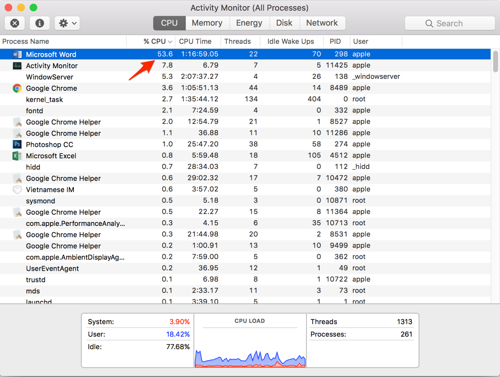Mẹo tăng thời lượng pin cho máy chạy macOS Sierra Kiểm tra cường độ hoạt động của CPU