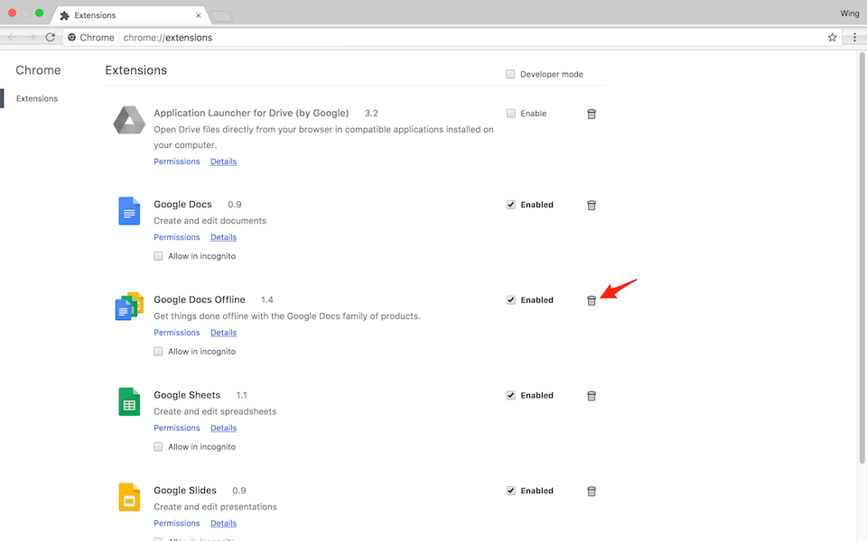 Nhấn biểu tượng thùng rác để xoá extension