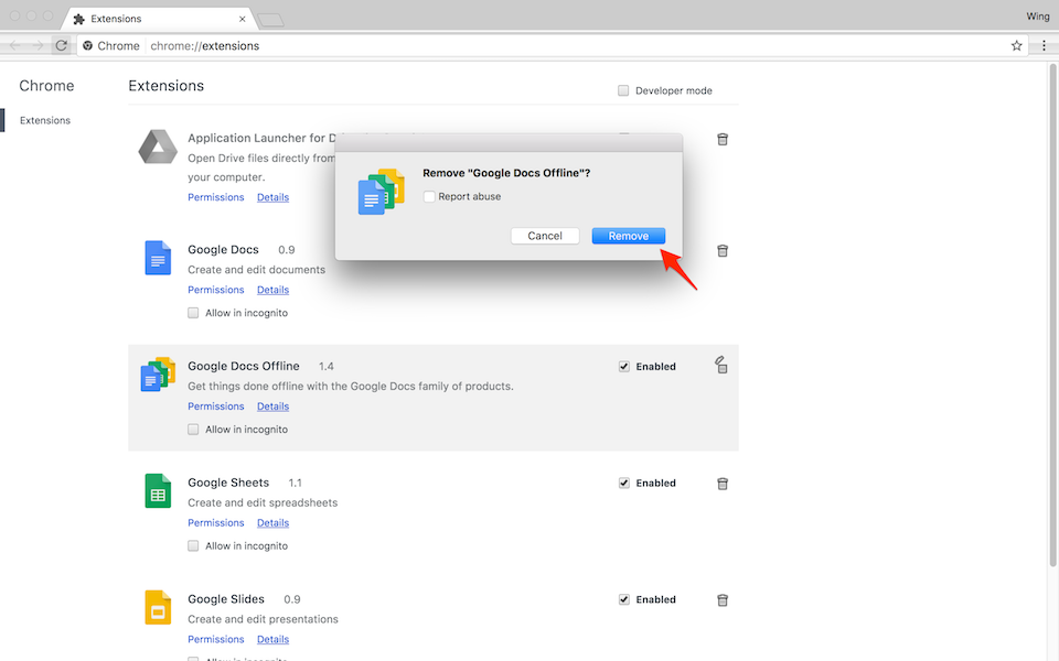 Nhấn nút Remove để xoá extension