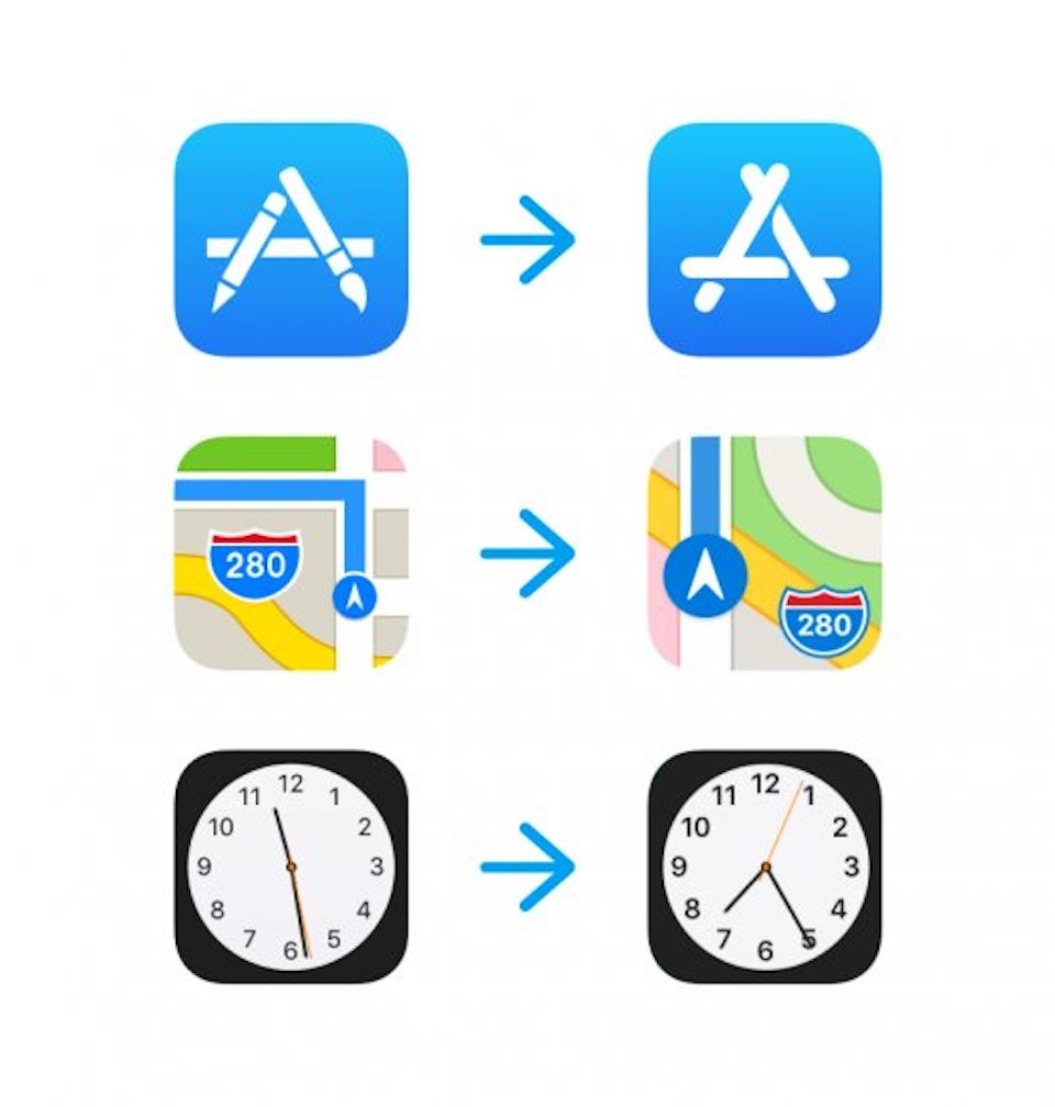 Biểu tượng của App Store, Maps và Clock đều được thay đổi theo hướng gọn gàng hơn.