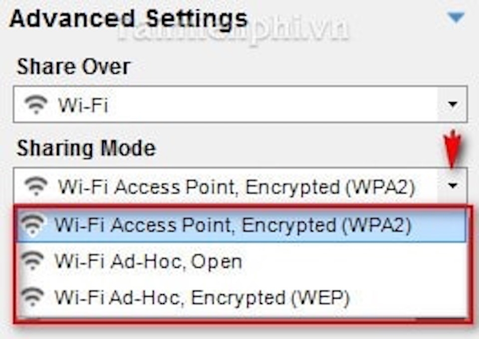 Cách phát wifi từ laptop cho hệ điều hành Windows Chọn WPA2.