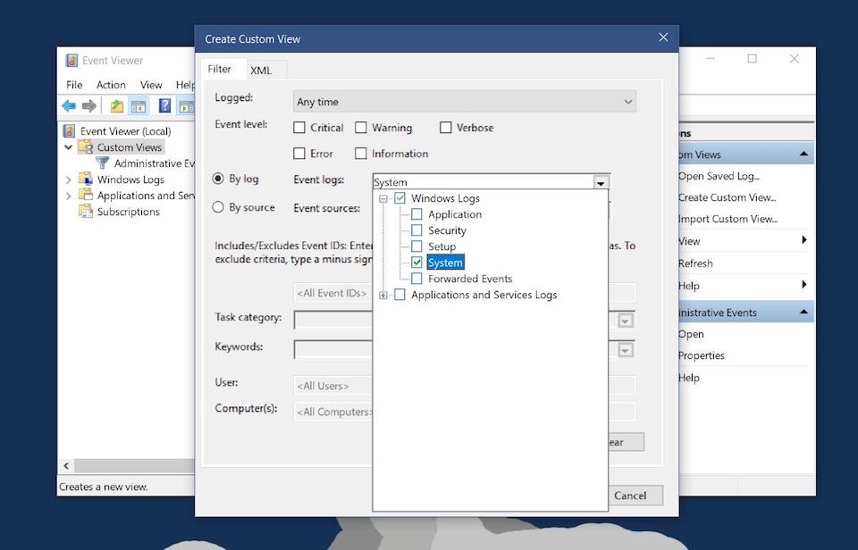 Cách tạo nhật ký ghi lại giờ bật tắt máy tính Windows Thiết lập Custom View