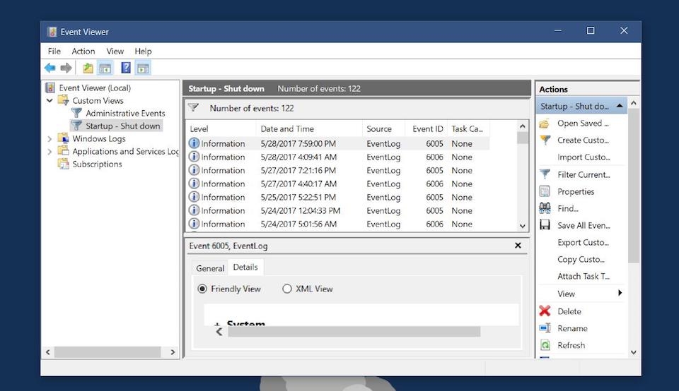 Cách tạo nhật ký ghi lại giờ bật tắt máy tính Windows Custom View sau khi tạo