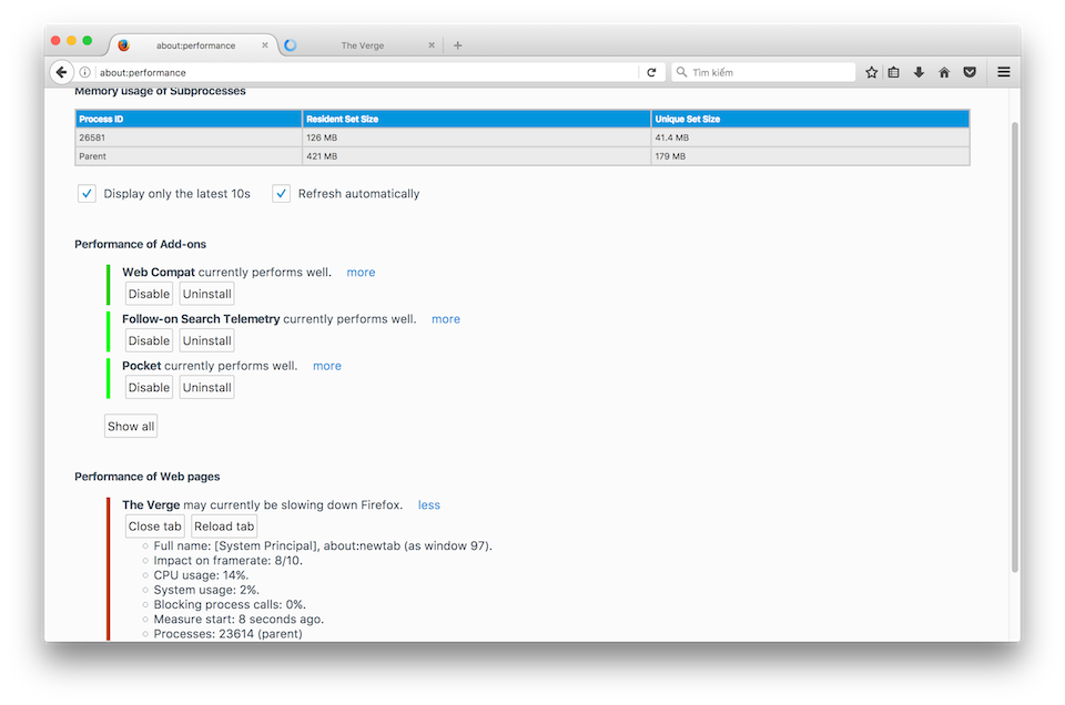 Cách tìm tab chiếm nhiều tài nguyên trên Chrome Tiện ích quản lý tác vụ của Firefox