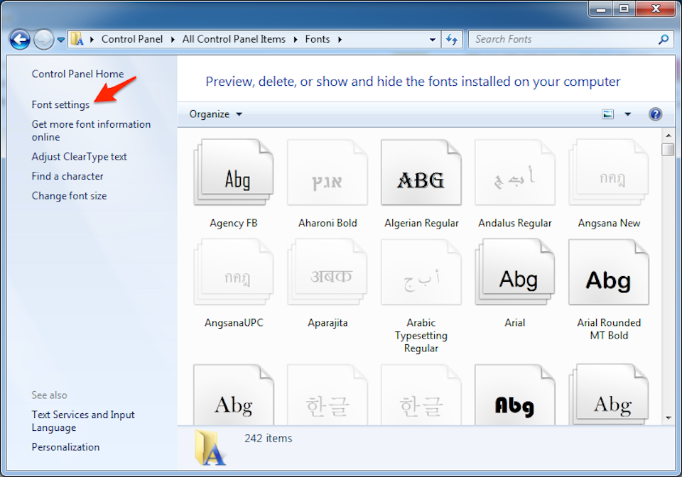 Cách xử lý khi gặp lỗi khôi phục font mặc định win 10 Chọn Font Settings.