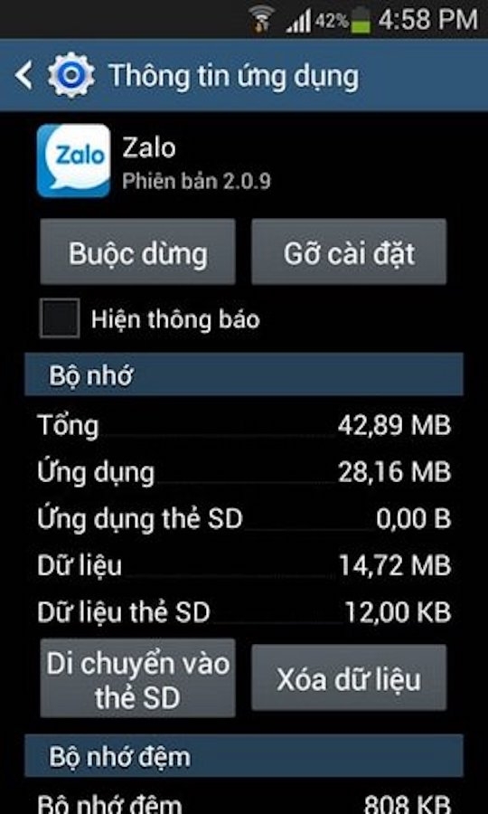 Giao diện tùy chỉnh của ứng dụng Zalo.