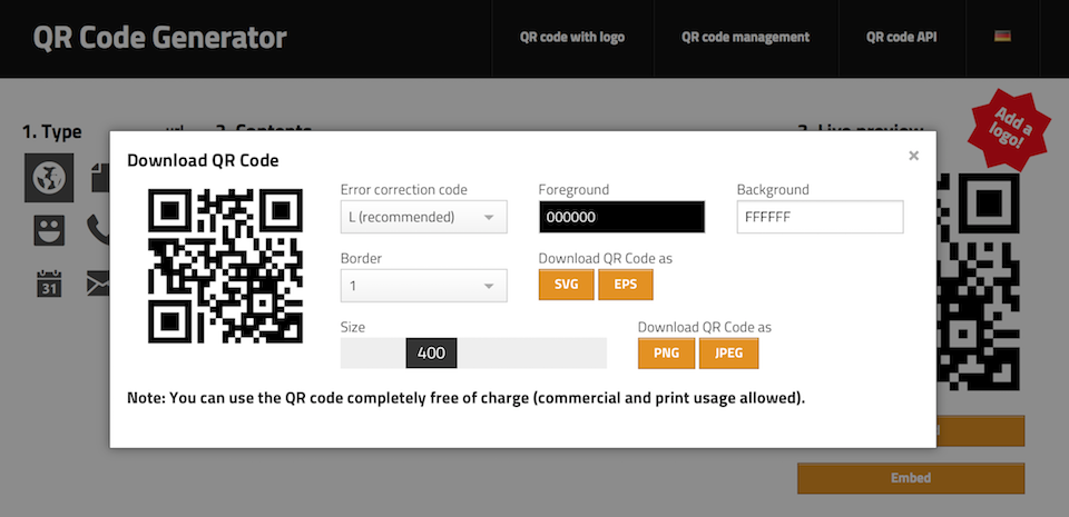 Hướng dẫn cách tạo QR Code miễn phí Nhấn vào nút PNG/JPEG để tải hình ảnh QR code.