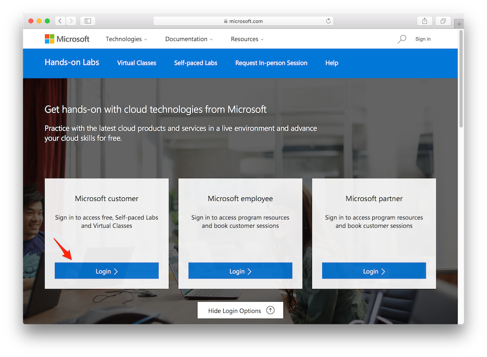 Hướng dẫn tạo VPS miễn phí của Microsoft Chọn Login trong phần Microsoft Customer