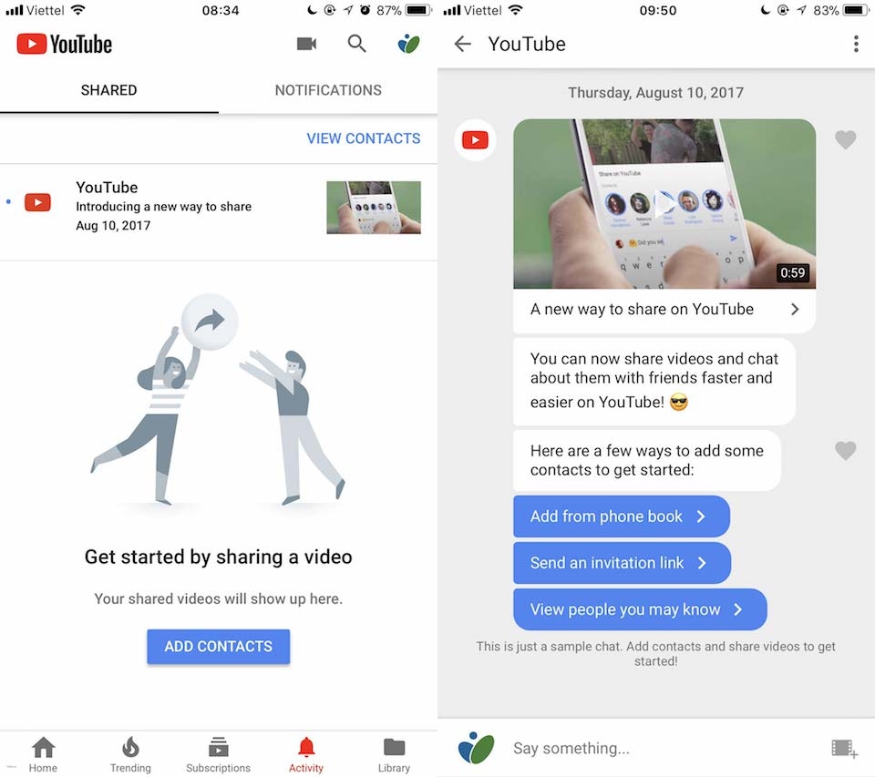 Tính năng chia sẻ video và chat đã được bổ sung trên YouTube.
