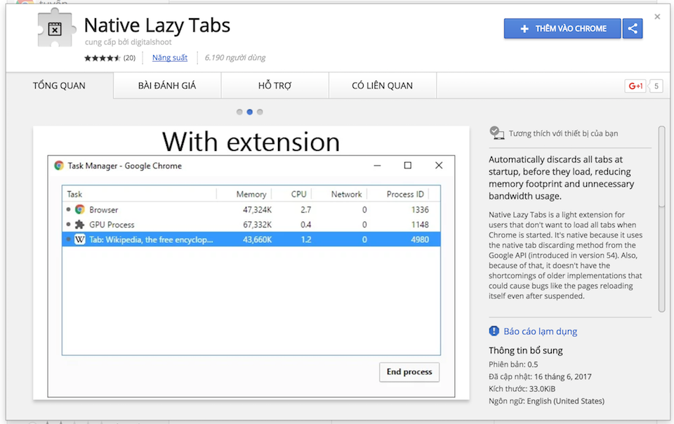 Tăng tốc trình duyệt Chrome bằng Native Lazy Tabs Tiện ích Native Lazy Tabs