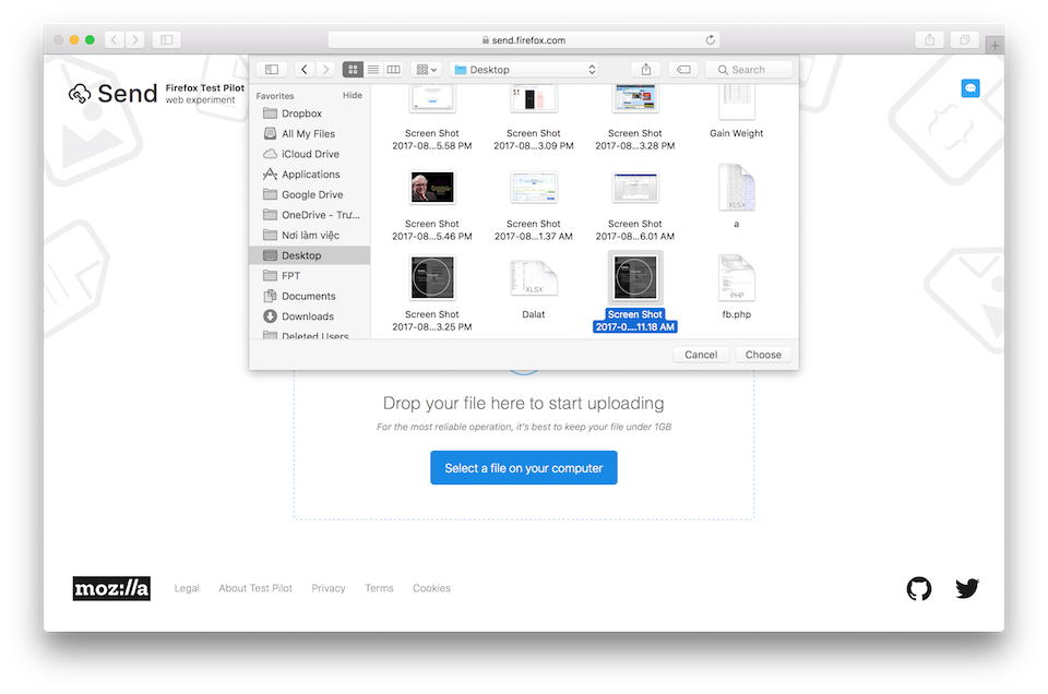 Mời bạn dùng thử dịch vụ chia sẻ tập tin Firefox Send Chọn tập tin mà bạn muốn chia sẻ.