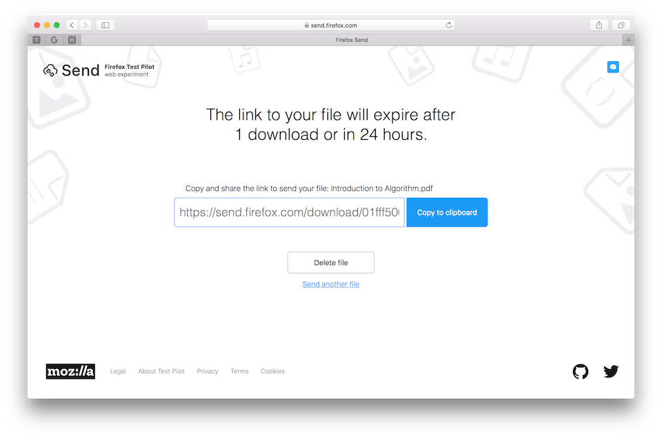 Mời bạn dùng thử dịch vụ chia sẻ tập tin Firefox Send Khi quá trình tải tập tin hoàn tất, bạn sẽ nhận được một đường lịnk và gửi đường link này đến người mà bạn muốn chia sẻ tập tin.