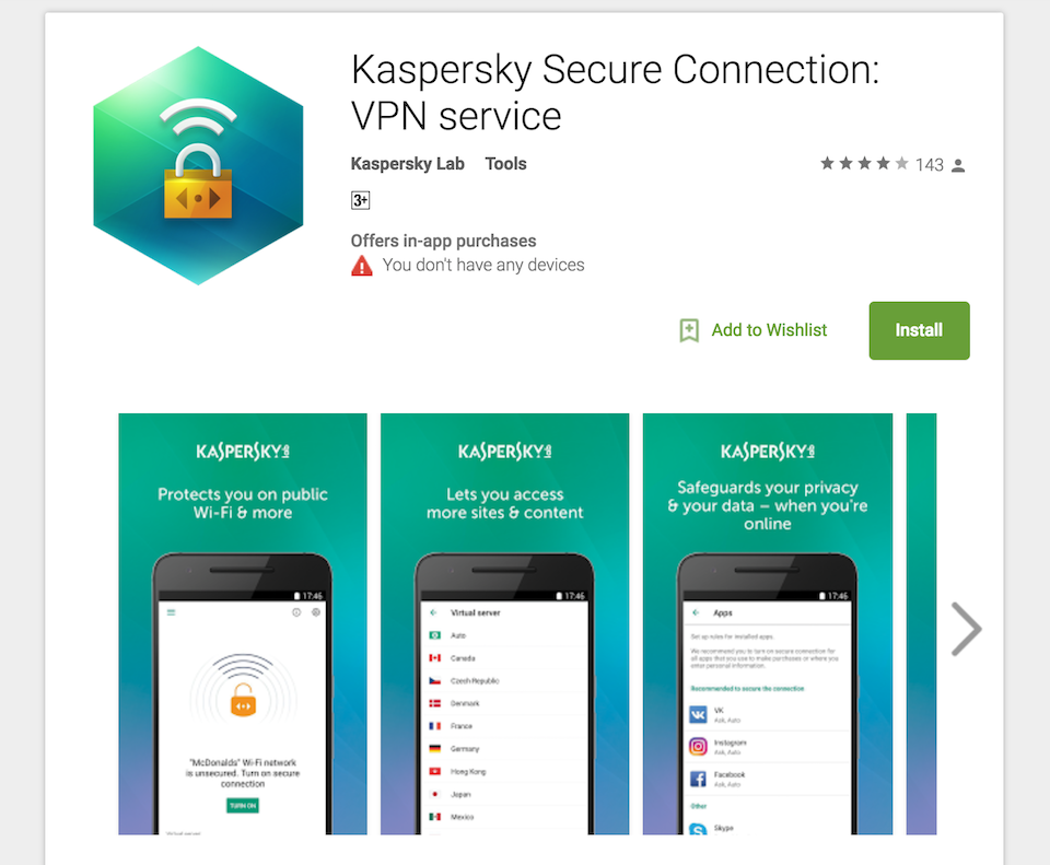 Bản miễn phí của ứng dụng Kaspersky VPN cung cấp 200 MB miễn phí mỗi ngày.