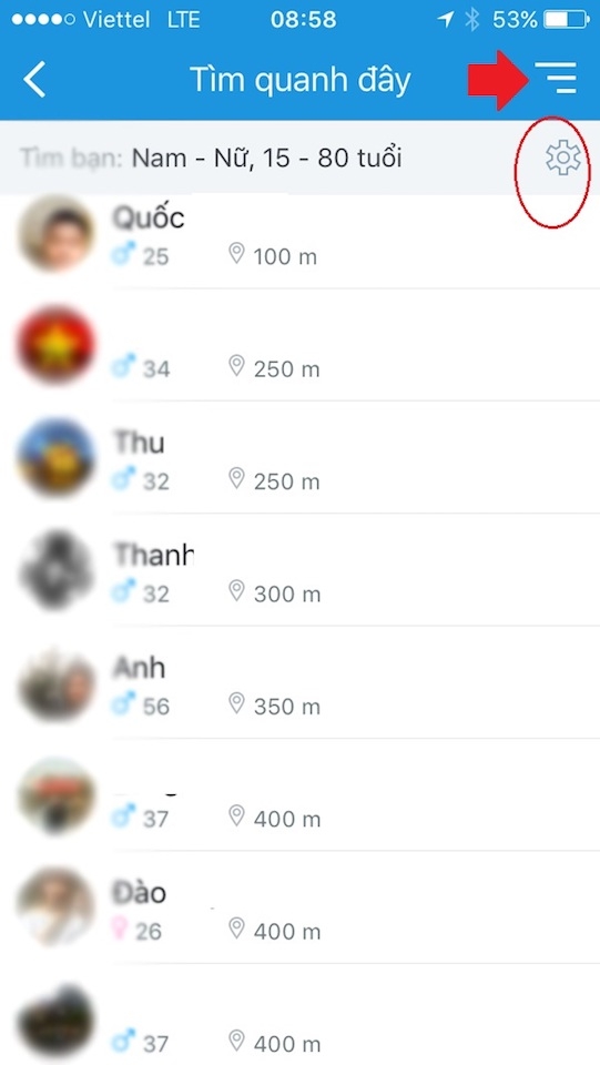 Danh sách các người dùng đang sử dụng Zalo xung quanh bạn.